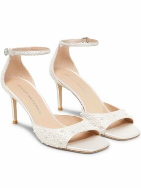 STUART WEITZMAN Bliss 75mm Pearl Embellished Ankle Strap Open Toe Sandals NEW